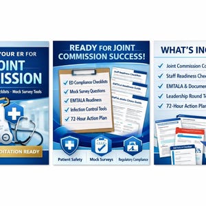 Può includere: Immagine promozionale per le risorse di conformità della Joint Commission. L'immagine presenta tre pannelli con testo e grafica. Il pannello di sinistra recita "Preparare il tuo pronto soccorso per la Joint Commission". Il pannello centrale dice "Pronto per il successo della Joint Commission!"