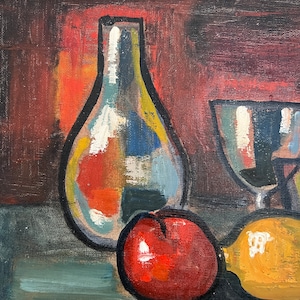 Swedish Cubist Painting - Original Vintage Art - Still Life of Fruit - Mid Century, Signed & Framed