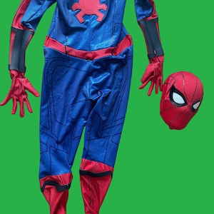 May include: A red and blue Spider-Man costume with a black spider logo on the back. The costume includes a matching mask.