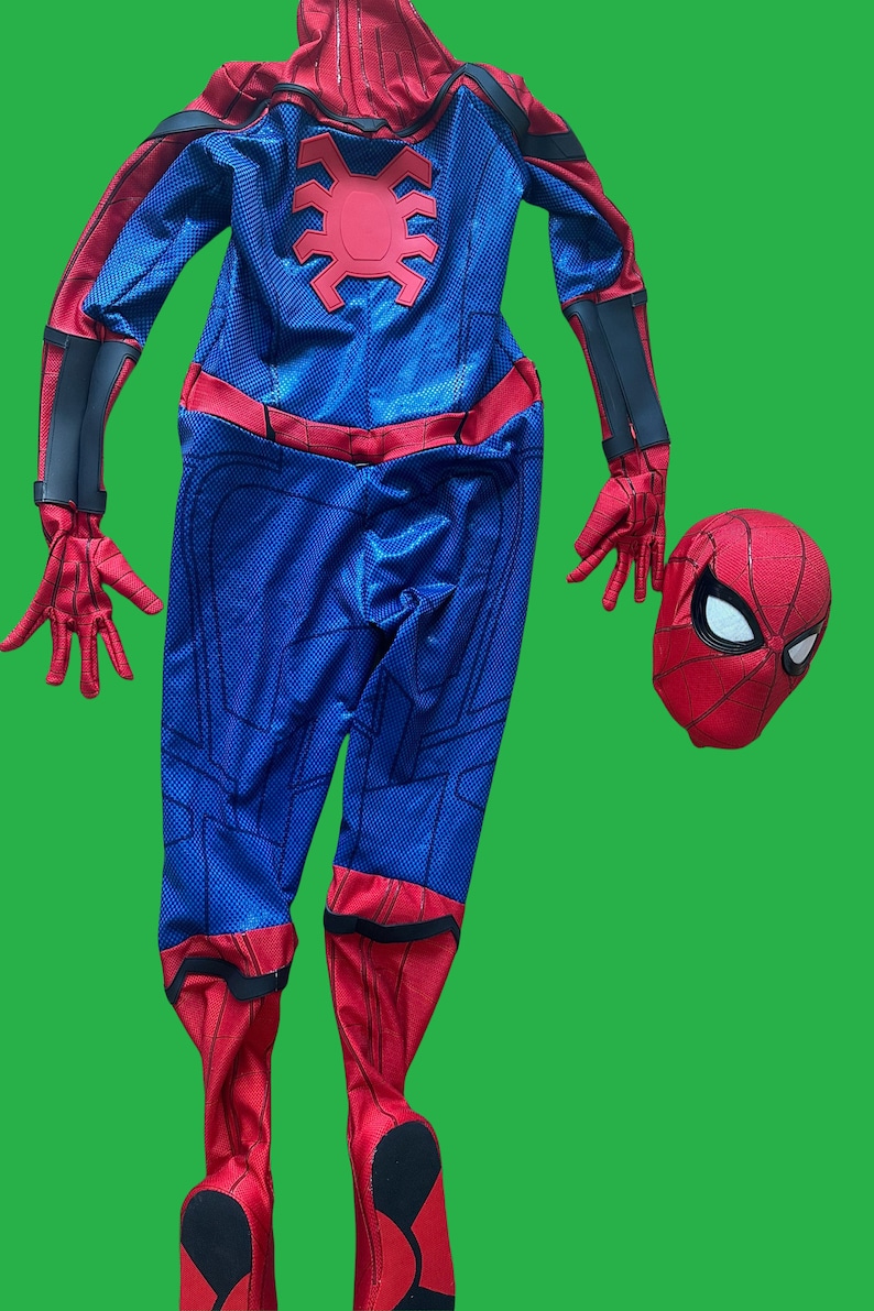 May include: A red and blue Spider-Man costume with a black spider logo on the back. The costume includes a matching mask.