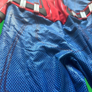 May include: Blue and red fabric with a checkered pattern. The fabric is wrinkled and has a shiny finish.