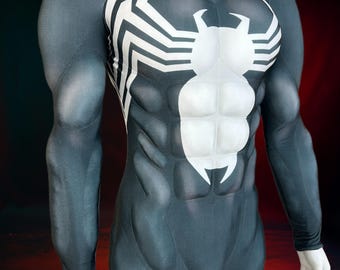 Kombinezon z mięśniami symbiotycznymi, body z białym emblematem pająka, styl mrocznego superbohatera, kostium cosplay na Halloween