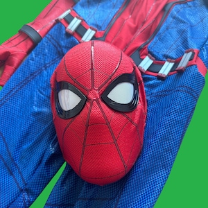 May include: Red and blue Spider-Man costume with a red mask featuring a spider web design and white eyes.