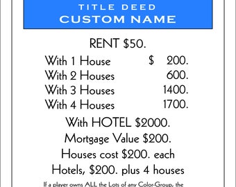 Custom Monopoly-Inspired Deed Art | Personalized Nostalgic Vintage Print | Digital Download | Unique Gift for Family, Friends & Home Decor