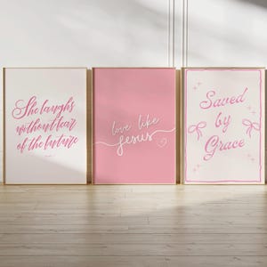 Pink Christian Wall Art Set Trendy Retro Bible Verse Printable Poster, Trendy Preppy Apartment Art Prints, Dorm Girly Room Christian Art