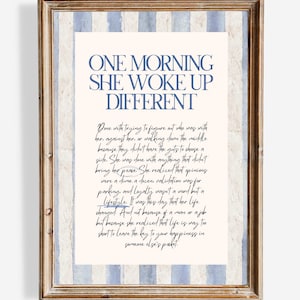 One Morning She Woke Up Different, Feminist Print, Female Empowerment, Woman line art, Feminist Wall Art, Strong Women Quote,Blue Preppy Art