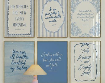 Christian Wall Art Print Set, Blue Bible Verse Designs, Digital Download