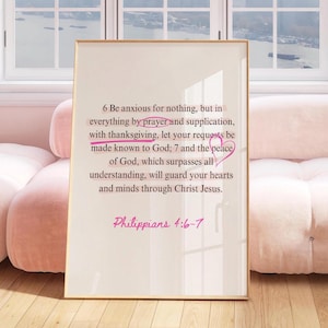 Philippians 4 6 Christian Wall Art Pink Trendy Retro Bible Verse Printable Poster, Trendy Preppy Apartment Art, Dorm Girl Room Christian Art