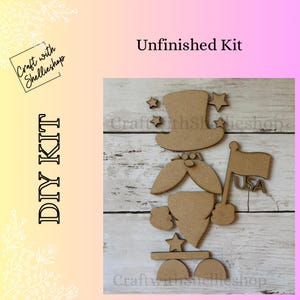 May include: Unfinished DIY kit featuring wooden cutouts of a patriotic figure, including a top hat, stars, mustache, beard, and a flag with "USA" text. The kit is designed for crafting and decoration.