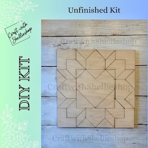 May include: A DIY kit with the text "Unfinished Kit" and "DIY KIT" on a light wood background. The kit features a geometric design with various shapes outlined in black. The Craft with Shellieshop logo is visible.
