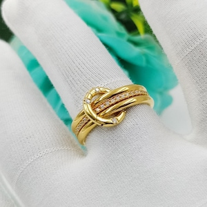 Bague entrelacée sertie de diamants naturels | Or massif 18 carats | Bague en or épaisse pour femme | Bague trois anneaux | Bague confortable empilable