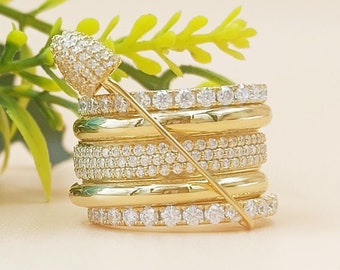 14K Gold Safety Pin Ring Multi Link Connected Ring Statement Ring Eternity Band Pin Connector Ring Diamond Connector Ring Chunky Ring