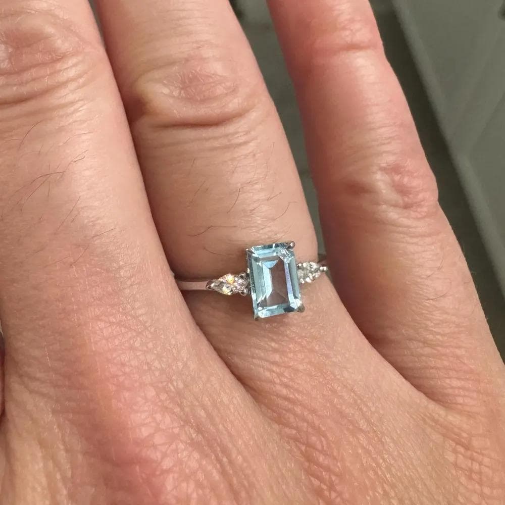 14K Solid Gold Aquamarine Ring: Vintage Emerald Cut Birthstone