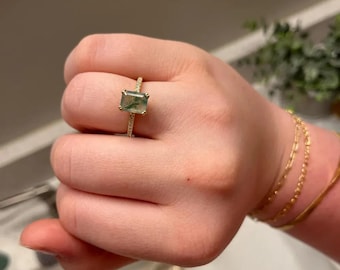 14K Gold Emerald Cut Moss Agate Ring: Vintage Style Engagement Ring