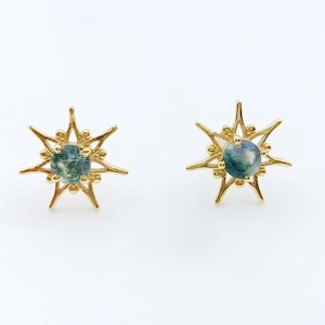 925 Silver Tiny Conch Earring Moss Agate Helix Tragus, Moss Agate Sun Internally Threaded Earring, Sun Shape Cartilage Stud Earring