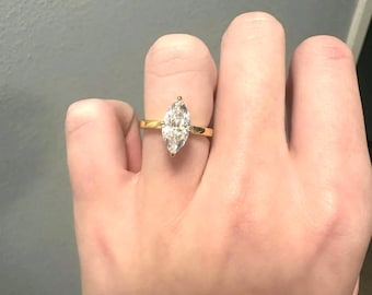 Marquise Moissanite Sterling Silver Engagement Ring: 18K Gold Finish