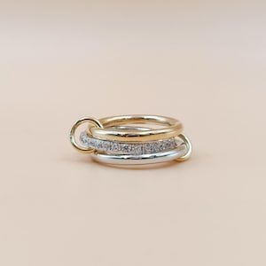 18-karat solid gold and sterling silver Single Cut diamond rings, set of three Rings, Woman 3 Band Ring,  Multi Link Band Ring