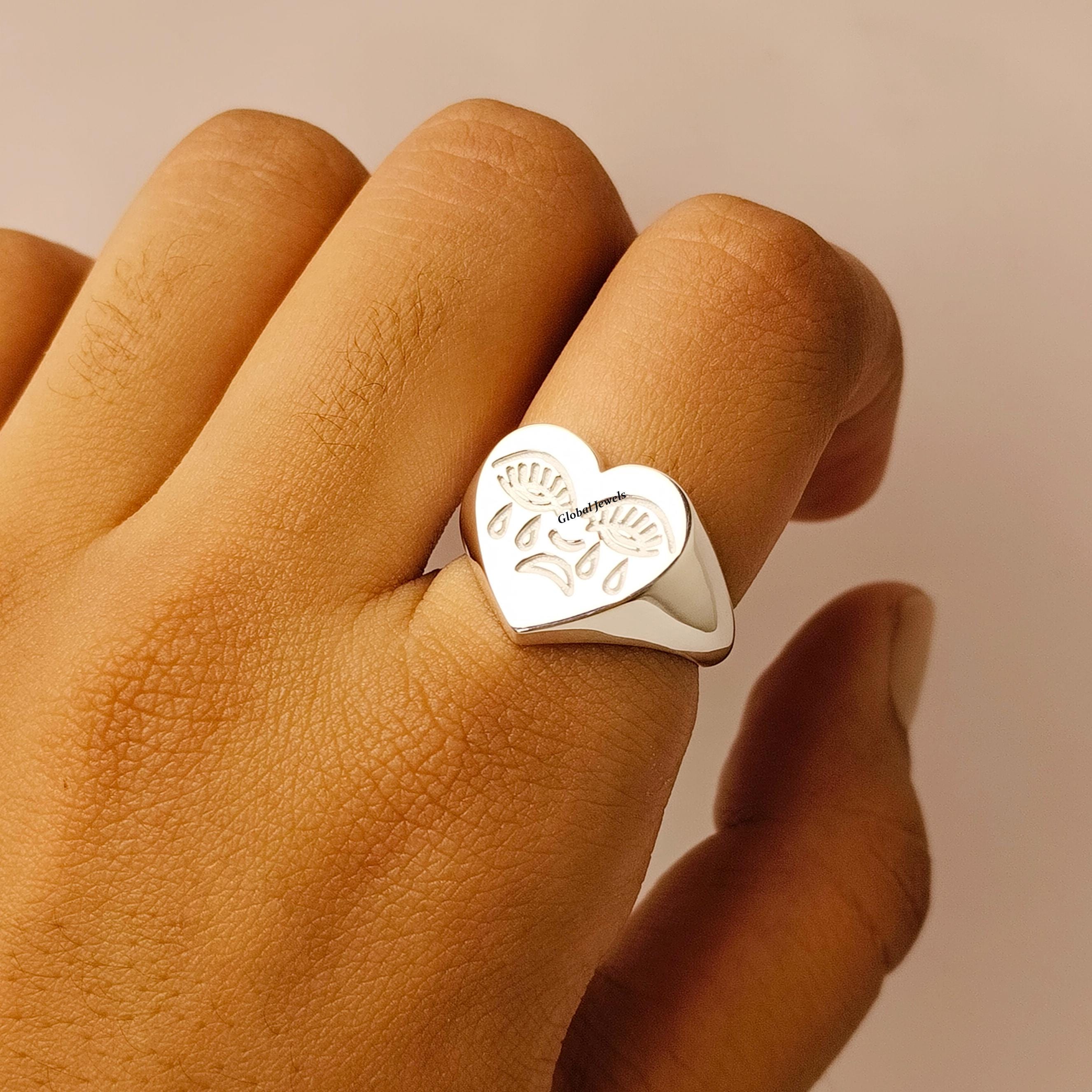 Heart Signet Crying Heart Ring Sterling Silver Crying Heart Face