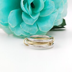 14K solid yellow gold and silver multi band ring, 3 set band ring, plain silver connector link band ring, plain link band ring, Gift for her