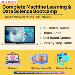 Könnte beinhalten: Eine gelbe und weiße Grafik mit dem Text "Complete Machine Learning & Data Science Bootcamp" und "Propel Your Career in the Tech Industry". Die Grafik enthält auch einen Laptop mit einem blauen und weißen Bild eines Gesichts auf dem Bildschirm. Der Laptop ist von vier Symbolen umgeben, jedes mit einem blauen und weißen Bild einer Person. Die Symbole sind mit "HD Video", "PC/Phone/Tablet/TC", "Lifetime Access" und "382 Video Course, Hours Video, Best Rated Course, Step by Step Guide" beschriftet.