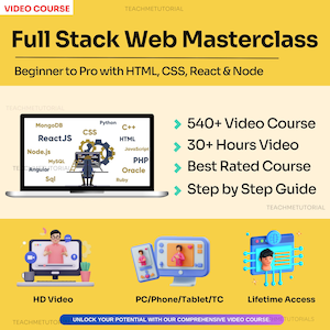 May include: A colorful illustration of a laptop screen with a list of programming languages and technologies, including ReactJS, Node.js, Python, C++, CSS, HTML, JavaScript, PHP, Oracle, and Ruby. The text "Full Stack Web Masterclass" is at the top of the image, and the text "Beginner to Pro with HTML, CSS, React & Node" is below it. The image also includes icons of three people in front of laptops, with the text "HD Video", "PC/Phone/Tablet/TC", and "Lifetime Access" below them.