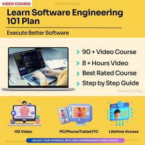 Puede incluir: Un gráfico amarillo y blanco con el texto "Learn Software Engineering 101 Plan" y "Execute Better Software". El gráfico también incluye una computadora portátil con una persona escribiendo en ella, una persona en una videollamada y una persona en una videollamada en un teléfono. El gráfico también incluye el texto "90+ Video Course", "8+ Hours Video", "Best Rated Course", y "Step by Step Guide".