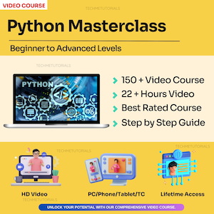 May include: A yellow and green graphic with the text "Python Masterclass" and "Beginner to Advanced Levels". The graphic features a laptop with a screen showing the word "Python" and code. The graphic also includes a list of features: "150+ Video Course", "22+ Hours Video", "Best Rated Course", and "Step by Step Guide". The graphic also shows three video screens with the text "HD Video", "PC/Phone/Tablet/TC", and "Lifetime Access".