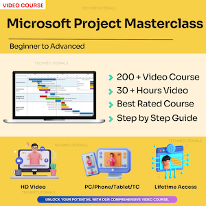 Peut inclure: Un écran d'ordinateur portable affichant un diagramme de chronologie de Microsoft Project. Le diagramme montre les différentes phases d'un projet, y compris la planification, le développement, l'intégration et les tests. L'image comprend également du texte qui dit "200+ Cours vidéo", "30+ Heures de vidéo", "Cours le mieux noté" et "Guide étape par étape".