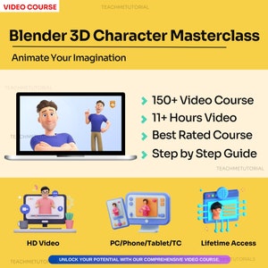 May include: A laptop screen displaying a 3D animated character with the text "Blender 3D Character Masterclass" and "Animate Your Imagination". The screen also shows a list of course features: "150+ Video Course", "11+ Hours Video", "Best Rated Course", and "Step by Step Guide".