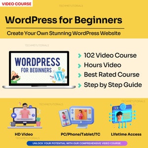 Könnte beinhalten: Ein Laptop-Bildschirm zeigt einen WordPress-Kurs für Anfänger. Der Kurs umfasst 102 Videos, Stunden an Videomaterial und eine Schritt-für-Schritt-Anleitung. Der Kurs ist am besten bewertet und bietet lebenslangen Zugriff.