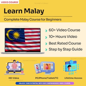 Könnte beinhalten: Eine gelbe und blaue Grafik mit dem Text "Lernen Sie Malaiisch" und "Kompletter Malaiisch-Kurs für Anfänger". Die Grafik zeigt einen Laptop mit der malaysischen Flagge auf dem Bildschirm. Die Grafik enthält auch eine Liste der Kursmerkmale: "Über 60 Videos", "Über 10 Stunden Video", "Bestbewerteter Kurs" und "Schritt-für-Schritt-Anleitung".