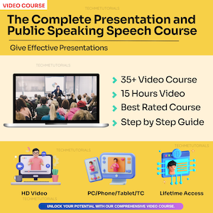 Peut inclure: Graphique promotionnel pour un cours vidéo sur la prise de parole en public. Le titre est "The Complete Presentation and Public Speaking Speech Course". Il comprend un ordinateur portable avec une présentation et des icônes pour la vidéo HD, PC/Téléphone/Tablette/TC et accès à vie.