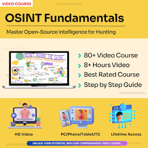 Puede incluir: Un gráfico amarillo y blanco con el texto "OSINT Fundamentals" y "Master Open-Source Intelligence for Hunting". El gráfico también incluye una computadora portátil con una pantalla que muestra un diagrama de "OSINT Around the Globe". Debajo de la computadora portátil, hay tres iconos que representan diferentes formas de acceder al curso: HD Video, PC/Phone/Tablet/TC y Lifetime Access.