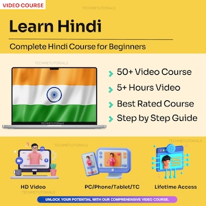 Peut inclure: Un graphique jaune et blanc avec le texte "Apprendre l'hindi" et "Cours complet d'hindi pour débutants". Le graphique présente un ordinateur portable avec le drapeau indien affiché à l'écran. Le graphique comprend également une liste des fonctionnalités du cours : "Plus de 50 vidéos", "Plus de 5 heures de vidéo", "Cours le mieux noté" et "Guide étape par étape".