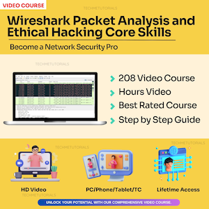 May include: A yellow and white graphic with the text "Wireshark Packet Analysis and Ethical Hacking Core Skills" and "Become a Network Security Pro". The graphic also includes a laptop with a screenshot of a Wireshark window, and three cartoon images of people with video cameras. The text "208 Video Course", "Hours Video", "Best Rated Course", "Step by Step Guide", "HD Video", "PC/Phone/Tablet/TC", "Lifetime Access", and "Unlock Your Potential With Our Comprehensive Video Course" is also included.