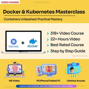 Peut inclure: Un écran d'ordinateur portable affichant un graphique d'un navire avec une baleine dessus et un cercle avec une boussole à l'intérieur. Le texte "docker" est sous le navire et "kubernetes" est sous la boussole. Le texte "318+ Cours vidéo", "22+ Heures de vidéo", "Meilleur cours classé" et "Guide étape par étape" est affiché sur le côté droit de l'écran. Le texte "Docker & Kubernetes Masterclass" est en haut de l'écran. Le texte "Containers Unleashed: Practical Mastery" est sous le titre.