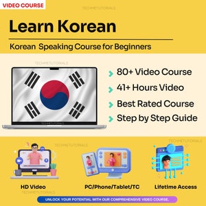 Może przedstawiać: Laptop z wyświetloną na ekranie flagą Korei Południowej. Tekst "Naucz się koreańskiego" jest wyświetlony dużą czcionką nad laptopem. Tekst "Kurs mówienia po koreańsku dla początkujących" jest wyświetlony pod laptopem. Tekst "80+ kursów wideo", "41+ godzin wideo", "Najlepiej oceniany kurs" i "Przewodnik krok po kroku" jest wyświetlony po prawej stronie laptopa. Tekst "Wideo HD", "PC/Telefon/Tablet/TC" i "Dostęp dożywotni" jest wyświetlony pod laptopem.