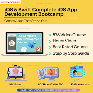 May include: A yellow and blue graphic with the text "iOS & Swift Complete iOS App Development Bootcamp" and "Create Apps That Stand Out". The graphic also includes a laptop with a screen showing a phone with a beer icon, a hammer, and a Swift logo. The text "The Complete iOS Development Course" is on the laptop screen. The graphic also includes a list of features: "578 Video Course", "Hours Video", "Best Rated Course", and "Step by Step Guide".