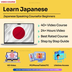 Może przedstawiać: Laptop z wyświetloną na ekranie flagą Japonii. Tekst "Naucz się japońskiego" jest wyświetlony dużą czcionką nad laptopem. Tekst "Kurs języka japońskiego dla początkujących" jest wyświetlony pod laptopem. Tekst "Ponad 40 kursów wideo", "Ponad 24 godziny wideo", "Najlepiej oceniany kurs" i "Przewodnik krok po kroku" jest wyświetlony po prawej stronie laptopa. Tekst "Wideo HD", "PC/Telefon/Tablet/Komputer" i "Dożywotni dostęp" jest wyświetlony pod laptopem.