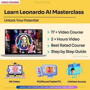 May include: A yellow and white graphic with the text "Learn Leonardo AI Masterclass" and "Unlock Your Potential". The graphic features a laptop with a screen displaying a collage of images. The graphic also includes a list of features: "17+ Video Course", "2+ Hours Video", "Best Rated Course", and "Step by Step Guide".
