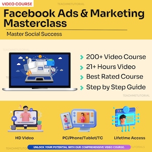 Peut inclure: Un ordinateur portable bleu avec un clavier et un pavé tactile blancs. L'écran affiche une image de dessin animé d'un pouce levé avec les mots "Facebook Ads" sur un fond bleu. L'ordinateur portable est sur un fond jaune avec du texte qui lit "Facebook Ads & Marketing Masterclass" et "Master Social Success". Le texte "200+ Video Course", "21+ Hours Video", "Best Rated Course", et "Step by Step Guide" est également visible sur le fond jaune.