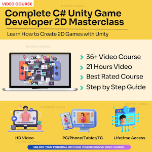 Puede incluir: Gráfico promocional para un curso en vídeo titulado "Complete C# Unity Game Developer 2D Masterclass". La imagen presenta un portátil que muestra una interfaz de mando de juego, junto con iconos para vídeo HD, acceso PC/teléfono/tableta y acceso de por vida.