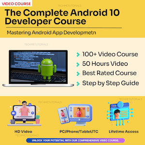 Peut inclure: Image promotionnelle pour un cours de développement Android 10. L'image présente un ordinateur portable avec une figurine Android et des icônes pour la vidéo HD, PC/Téléphone/Tablette/TC et l'accès à vie. Le texte comprend "The Complete Android 10 Developer Course".
