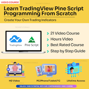 May include: A laptop computer with a yellow background. The laptop screen shows a blue cloud with a line graph and a green triangle with a line graph. The text on the screen says "TradingView Pine Script". The text on the laptop says "Learn TradingView Pine Script Programming From Scratch. Create Your Own Trading Indicators". The text on the right side of the image says "21 Video Course, Hours Video, Best Rated Course, Step by Step Guide".