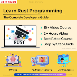 Op de afbeelding: Een gele en witte afbeelding met de tekst "Learn Rust Programming" en "The Complete Developer's Guide". De afbeelding toont een laptop met het woord "Rust" op het scherm. De afbeelding bevat ook een lijst met functies: "15+ Video Course", "2+ Hours Video", "Best Rated Course" en "Step by Step Guide".