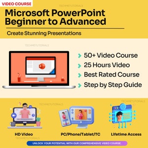 Może przedstawiać: Grafika w kolorze żółtym i pomarańczowym z tekstem "VIDEO COURSE" i "TECHMETUTORIALS" u góry. Tekst "Microsoft PowerPoint Beginner to Advanced" jest dużą czcionką. Tekst "Create Stunning Presentations" znajduje się poniżej. Grafika przedstawia laptopa z otwartą prezentacją PowerPoint na ekranie. Tekst "50+ Video Course", "25 Hours Video", "Best Rated Course" i "Step by Step Guide" jest umieszczony po prawej stronie grafiki. Grafika przedstawia również trzy zdjęcia osób przed ekranem komputera. Tekst "HD Video", "PC/Phone/Tablet/TC" i "Lifetime Access" znajduje się pod zdjęciami. Tekst "UNLOCK YOUR POTENTIAL WITH OUR COMPREHENSIVE VIDEO COURSE." znajduje się na dole grafiki.