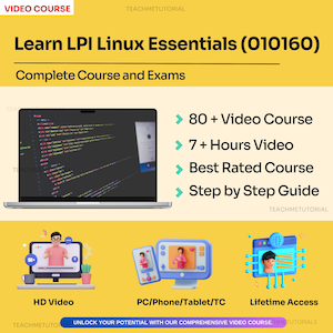 Puede incluir: Un gráfico amarillo y blanco con el texto "Learn LPI Linux Essentials (010160)" y "Complete Course and Exams". El gráfico también incluye una computadora portátil con código en la pantalla, una persona en una videollamada y una lista de características del curso: "80+ Video Course", "7+ Hours Video", "Best Rated Course" y "Step by Step Guide".
