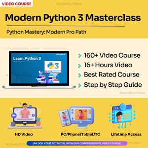 May include: A laptop computer screen displaying a course titled "Learn Python 3" with the edureka! logo. The laptop is on a yellow background with the text "Modern Python 3 Masterclass" and "Python Mastery: Modern Pro Path" above it. The text "160+ Video Course", "16+ Hours Video", "Best Rated Course", and "Step by Step Guide" are listed on the right side of the screen. Below the laptop are three images of a person on a computer screen, each with a caption: "HD Video", "PC/Phone/Tablet/TC", and "Lifetime Access".