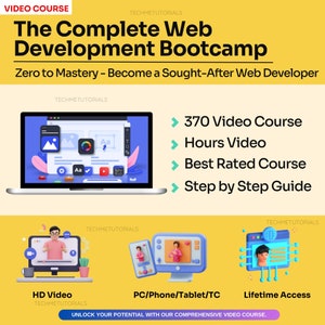 May include: A laptop computer screen displaying a web design course with the text "The Complete Web Development Bootcamp" and "Zero to Mastery - Become a Sought-After Web Developer". The course includes 370 video lessons, hours of video content, and a step-by-step guide.