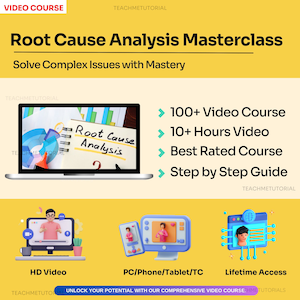 Puede incluir: Un gráfico amarillo y blanco con el texto "Root Cause Analysis Masterclass" y "Solve Complex Issues with Mastery". El gráfico también incluye una computadora portátil con una libreta que dice "Root Cause Analysis" en ella. El gráfico también incluye iconos de una persona frente a una pantalla de computadora, una pantalla de computadora con una persona en ella y una pantalla de computadora con una persona en ella. El gráfico también incluye el texto "100+ Video Course", "10+ Hours Video", "Best Rated Course" y "Step by Step Guide".